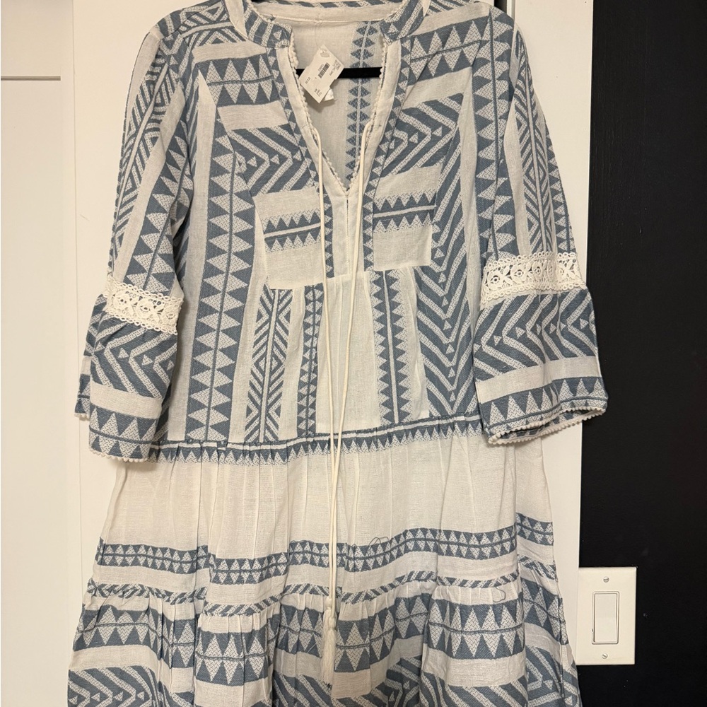 M/L White and Blue Geometric Print Cotton Tunic Dress